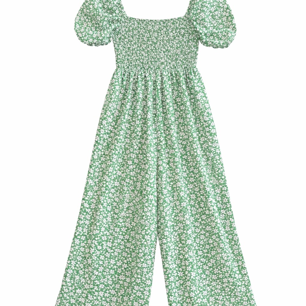 Green Ditsy Floral Smocked Wide-Leg Jumpsuit Puff Sleeve Cottagecore Small